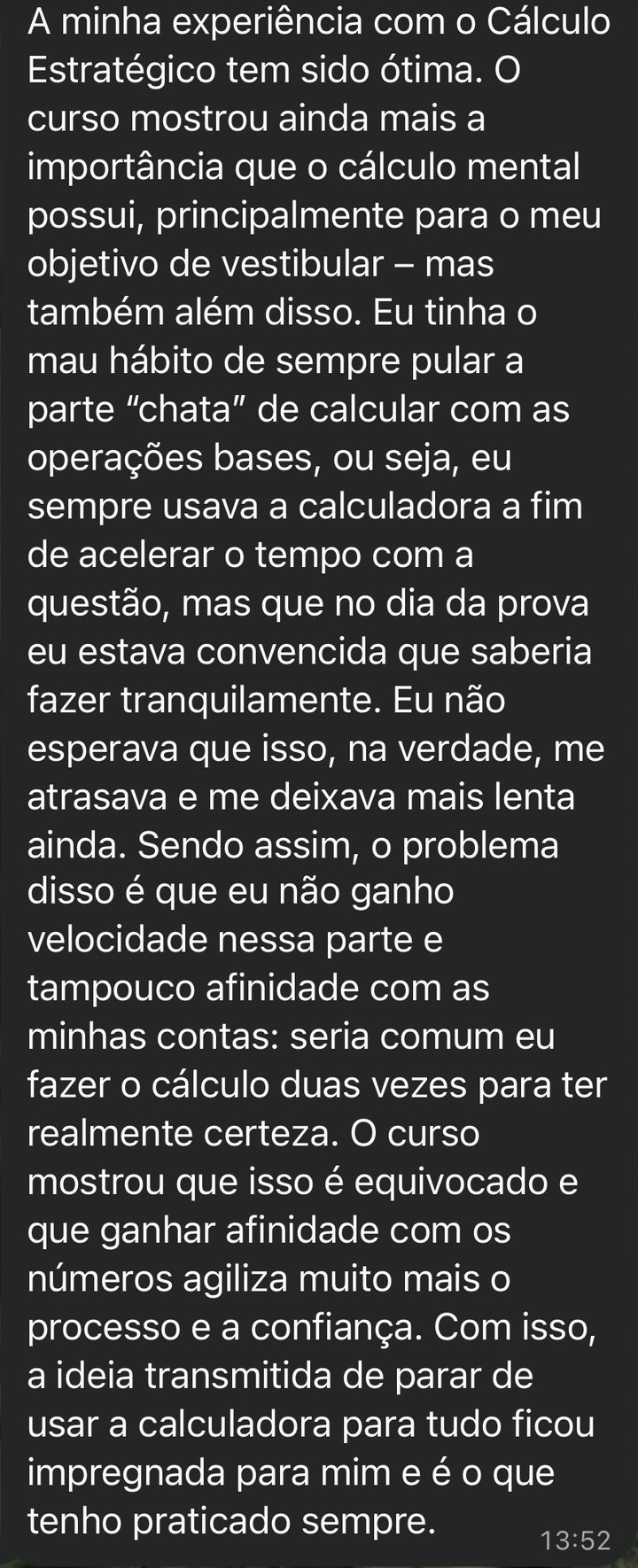 Mensagem de aluna vestibulanda sobre o curso