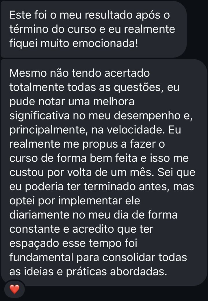 Mensagem da aluna sobre o resultado após o curso